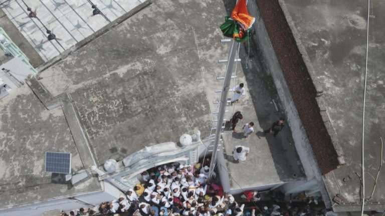 Indian National Flag unfurled at the height of 58 feet atop Jama Masjid in a village in Deoband, Uttar Pradesh
