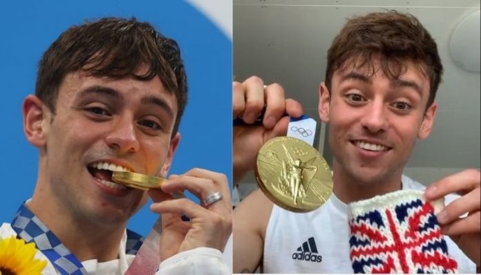 Olympic diver knits a pouch to keep his gold media safe