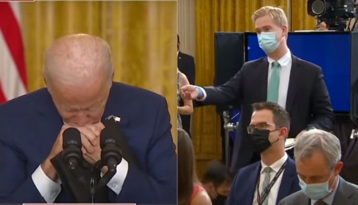 ‘Weak, disastrous optics’: Joe Biden condemned after he lowered his head in frustration after facing tough questions on Kabul terror attack