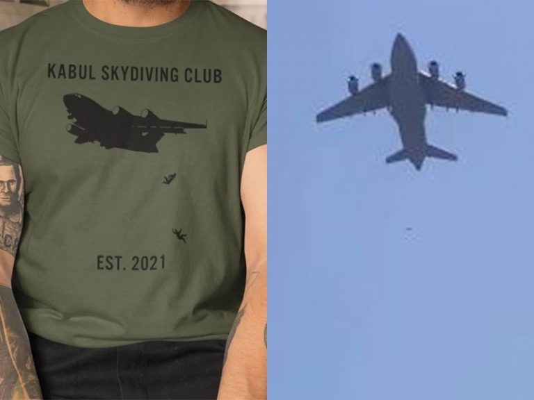 ‘Kabul Skydiving Club’: On sale t-shirts mock Afghans falling from the sky off US aircraft