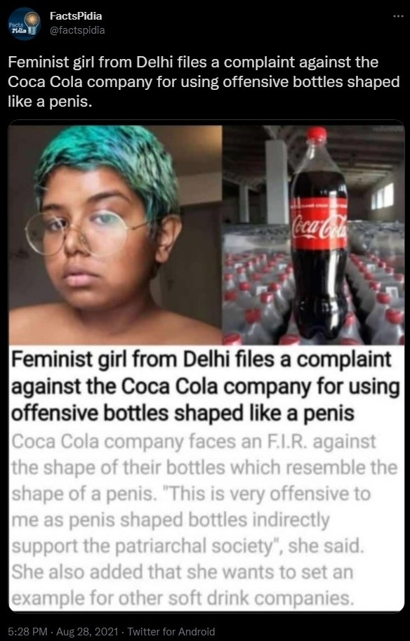 Feminist girl from Delhi really filed a complaint against Coca Cola over its 'penis-shaped' bottles? Priyanka Paul denies