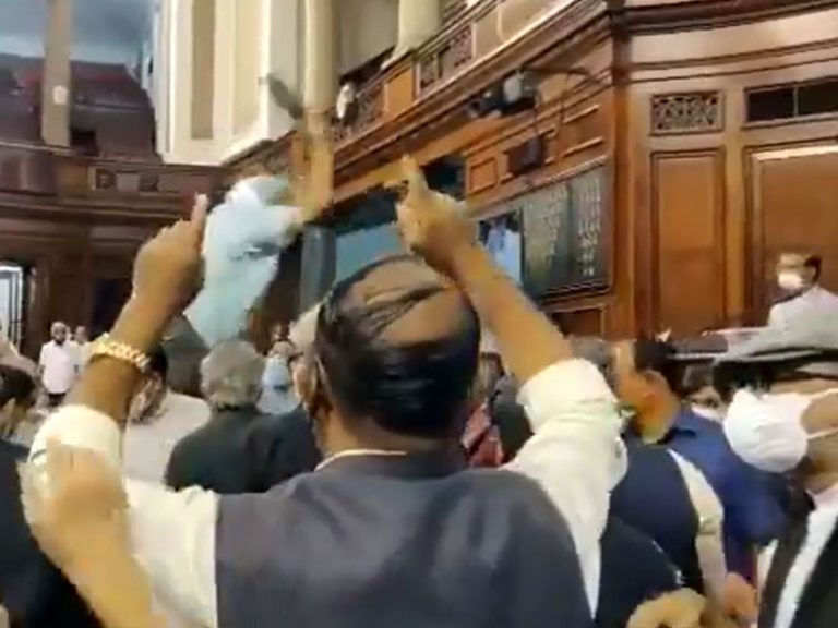 Congress leader stands on the table and throws files at the Chair in Rajya Sabha: Watch