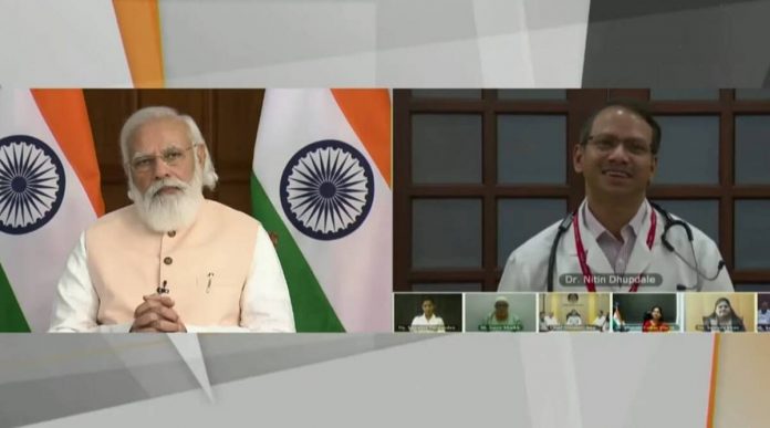 Pri,Prime Minister Narendra Modi in an interaction with health-workers, beneficiaries of Covid 19 vaccine of Goa.