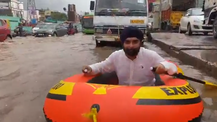 ‘Kejriwal ne Mauj Kardi’: Children swim, BJP leader rafts on Delhi roads as the city drowns in rain