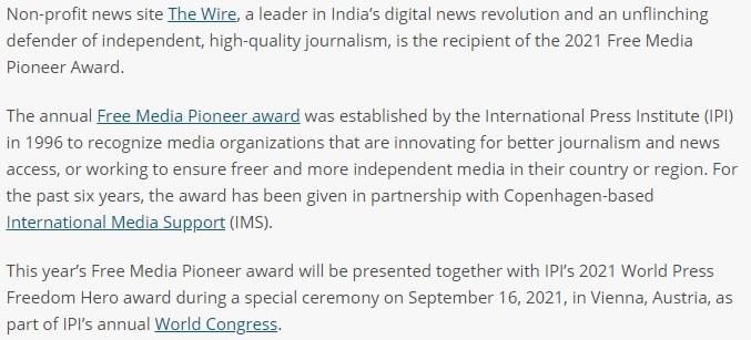 The Wire received a prize from the International Press Institute (IPI) in collaboration with International Media Support (IMS)