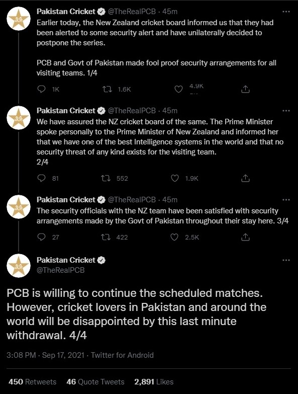 Pakistan cricket board statement on New Zealand team withdrawal