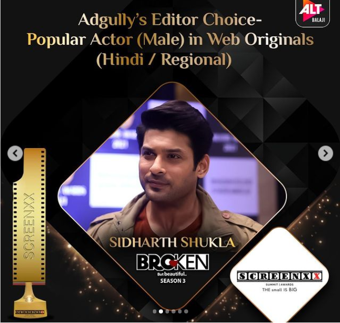 Days after his death, Bollywood actor Sidharth Shukla awarded a popular male actor award for his performance in web series
