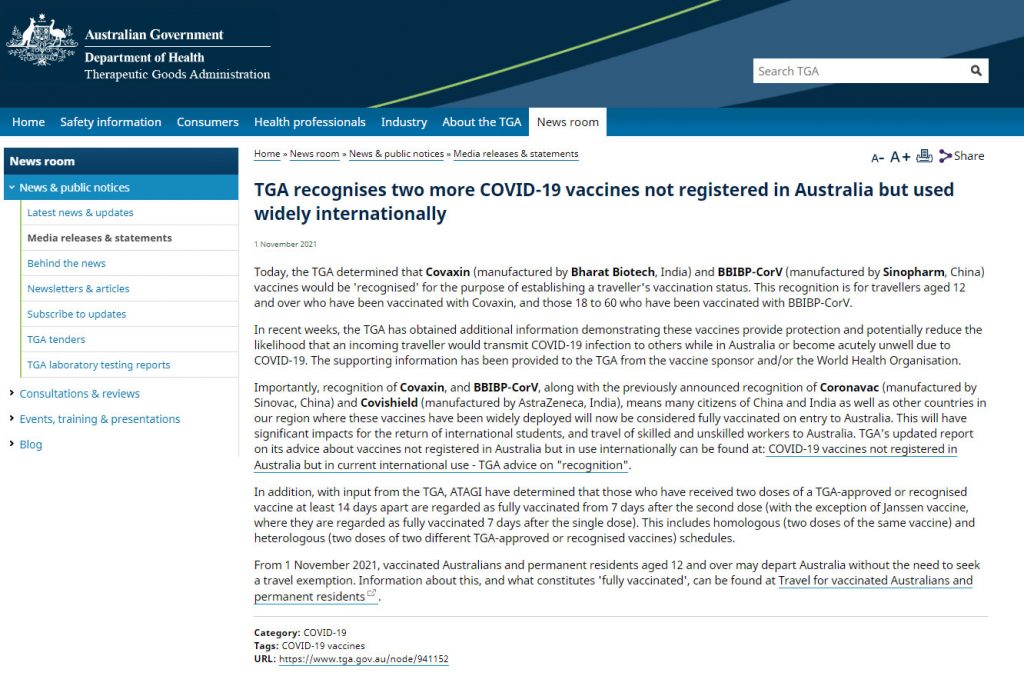 International travellers who have received two doses of Covaxin will be considered as fully vaccinated for Covid-19 by Australia