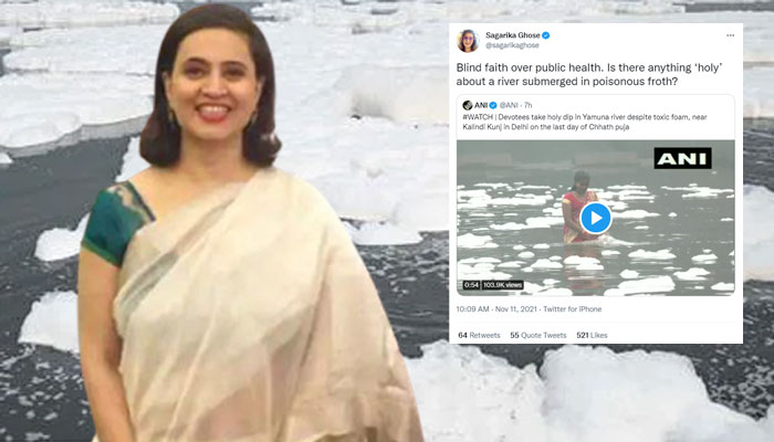 Sagarika Ghose blames Hindus for doing Chhat Puja instead of questioning Delhi CM over poisonous froth in Yamuna River