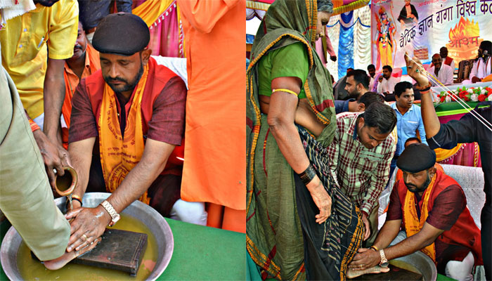 Chhattisgarh: 1,200 families revert to Hinduism under Ghar Wapsi Abhiyan, BJP leader welcomes them by washing their feet