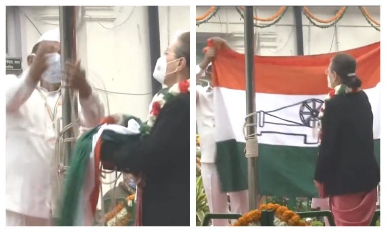 Congress flag falls off as Sonia Gandhi tries to unfurl it on party’s foundation day, watch video