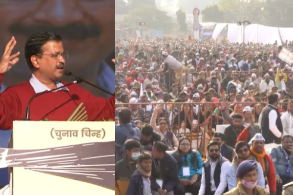 Arvind Kejriwal addressing a rally in Uttarakhand