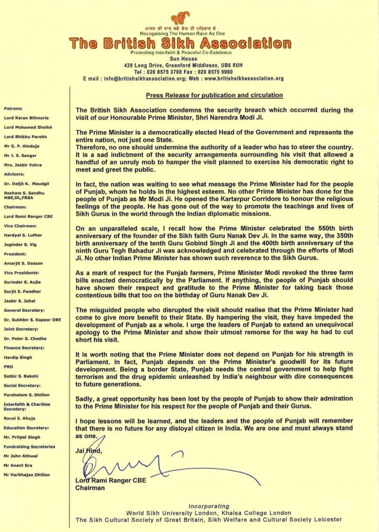 British Sikh Association condemns security breach of the PM Modi