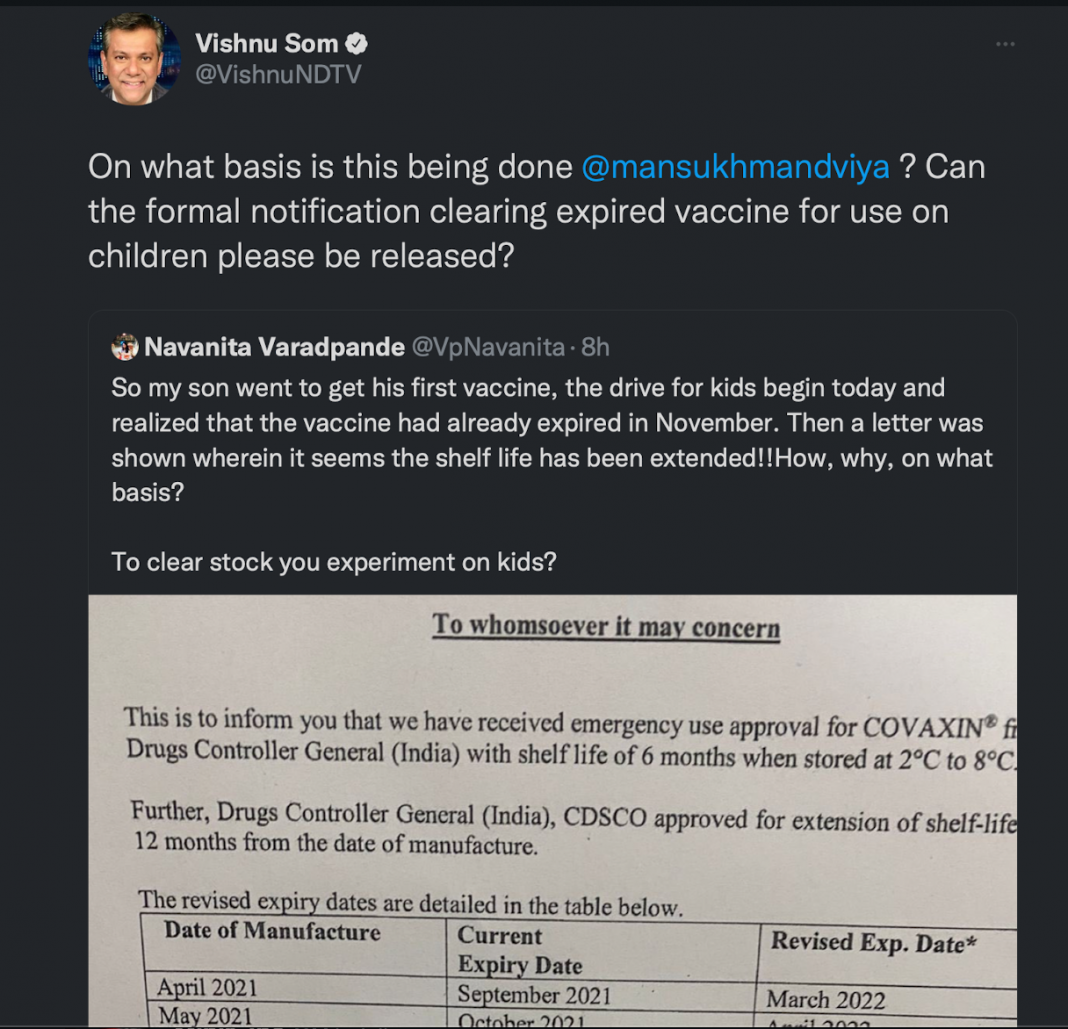 NDTV journalist rushes to cast aspersions on Covaxin, gets reminded of extension of shelf life