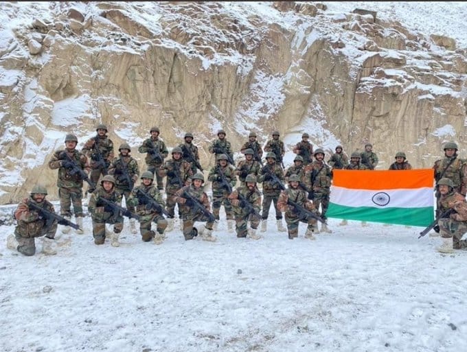 Indian Army soldiers holding Tricolour in Galwan Valley