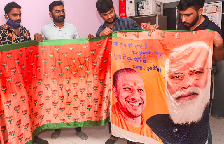 BJP brings in sarees with Modi and Yogi images from Surat ahead of Uttar Pradesh elections