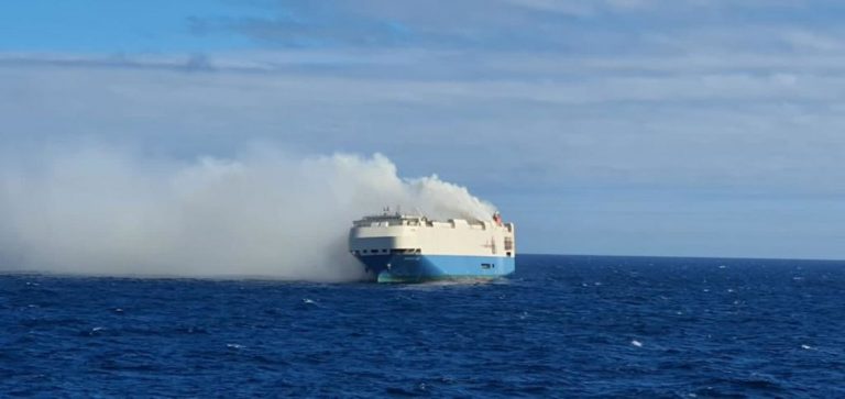 Burning cargo ship carrying thousands of Porsches, Audis and Bentleys goes adrift in Atlantic ocean