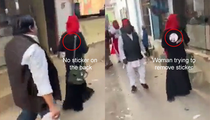 Lucknow: Samajwadi Party worker sticks party sticker on burqa-clad woman’s back