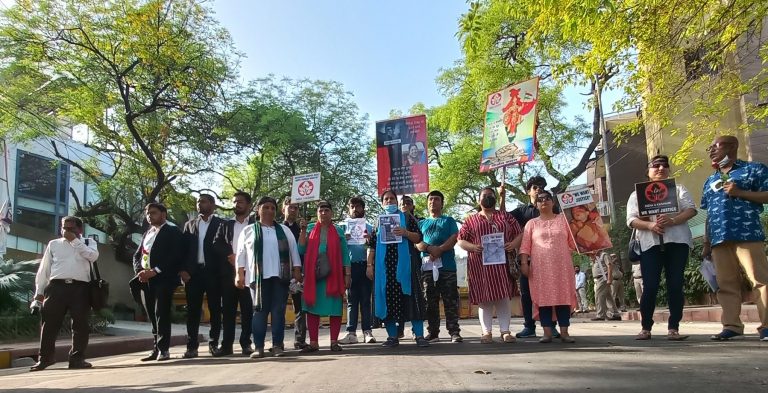 Delhi: Kashmiri Pandits stage a peaceful protest outside the residence of CM Arvind Kejriwal against his insulting remarks on ‘The Kashmir Files’