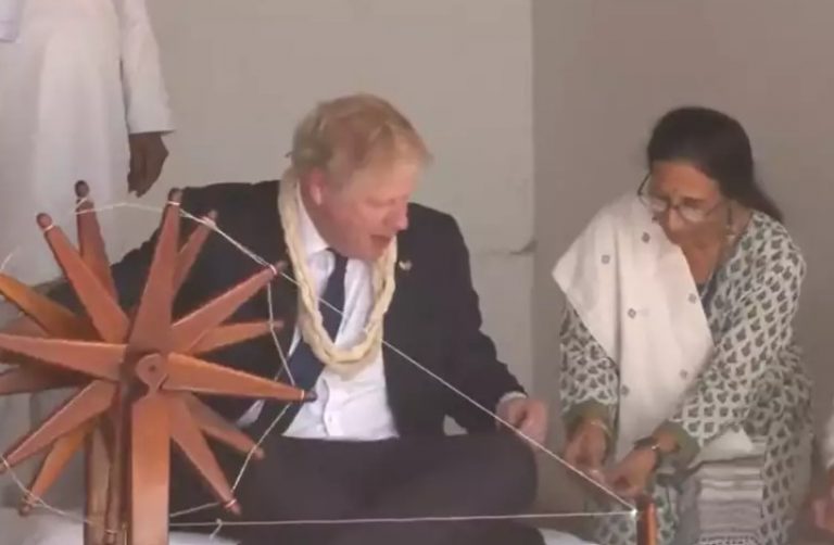 UK PM Boris Johnson visits MK Gandhi’s Sabarmati Ashram, spins Charkha, often cited as symbol of India’s freedom struggle from British Empire