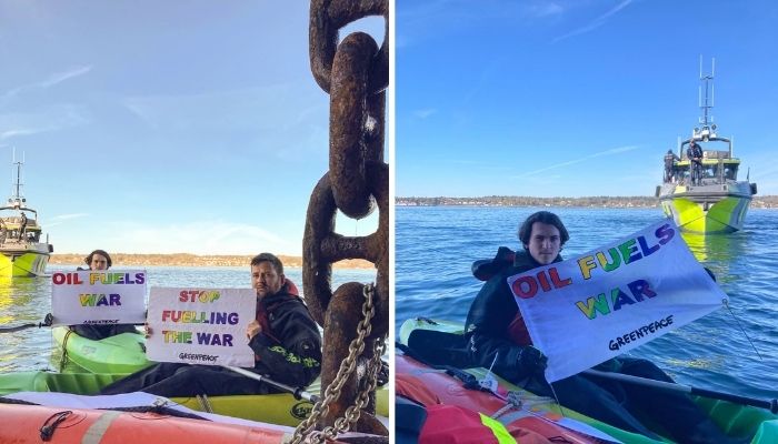 Greenpeace activists chain themselves to a Russian oil tanker in protest, officials clarify the oil was bought before Russian sanctions