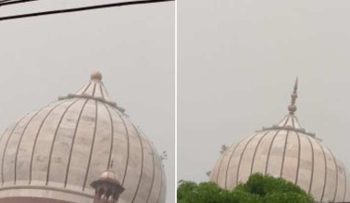 Heavy rains and thunderstorm leaves the central dome of the Jama Masjid structure in Old Delhi damaged
