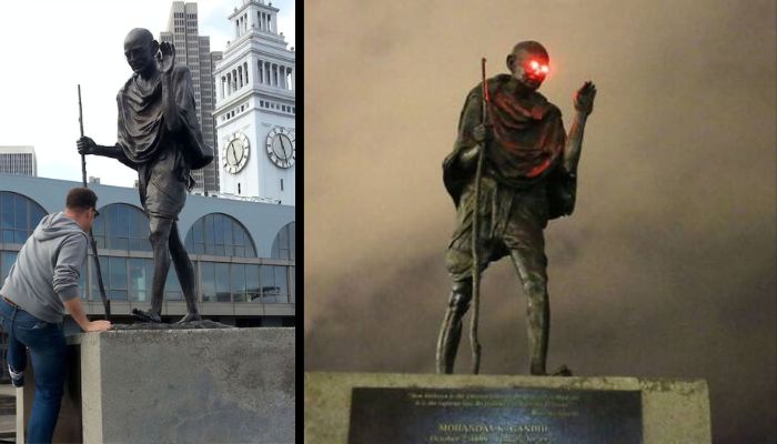 Statue of MK Gandhi fitted with laser eyes in the US? Here is the truth behind the viral image