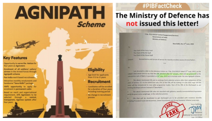 PIB fact-checks fake Ministry of Defence letter on the Agnipath scheme circulating online mentioning revised terms of service for recently enrolled cadres
