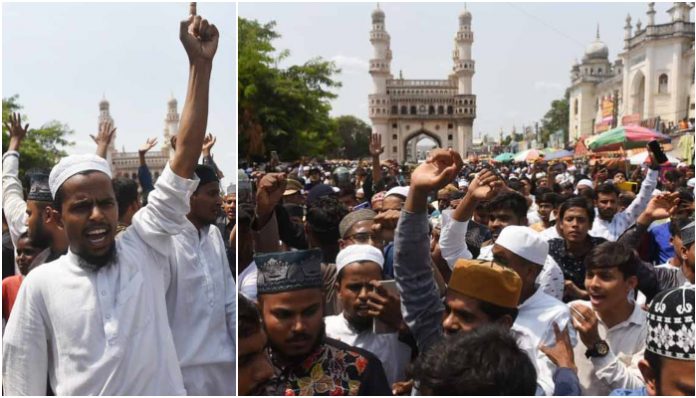Islamists gather outside Mecca Masjid after Friday Namaz to pelt stones and demand Nupur Sharma's arrest