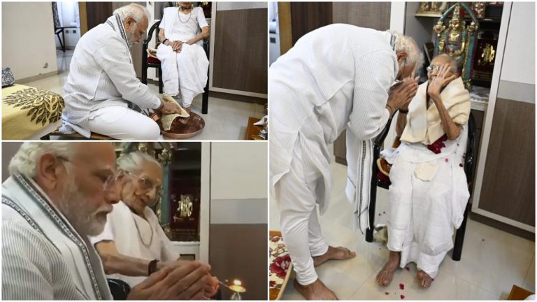 Gujarat: PM Modi visits Gandhinagar to meet his mother on her 100th birthday, washes her feet and seeks her blessings, watch