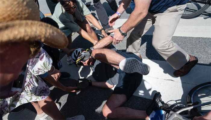 Crash landing on you: US President Joe Biden falls off bike, watch viral video