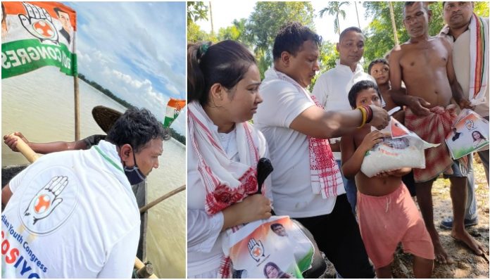 Congress distributes flood relief material in Assam with Wayanad MP Rahul Gandhi's photo stuck on it