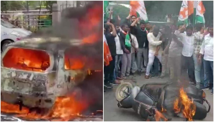 Congress workers burn vehicles in Karnataka & Telangana, block railway tracks in Delhi protesting against ED interrogation of Sonia Gandhi