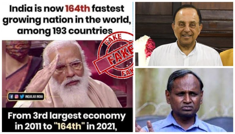 Subramanian Swamy, Congress leader Udit Raj spread canard that India has slipped to 164th rank from position of 3rd-largest economy, PIB debunks the fake claim