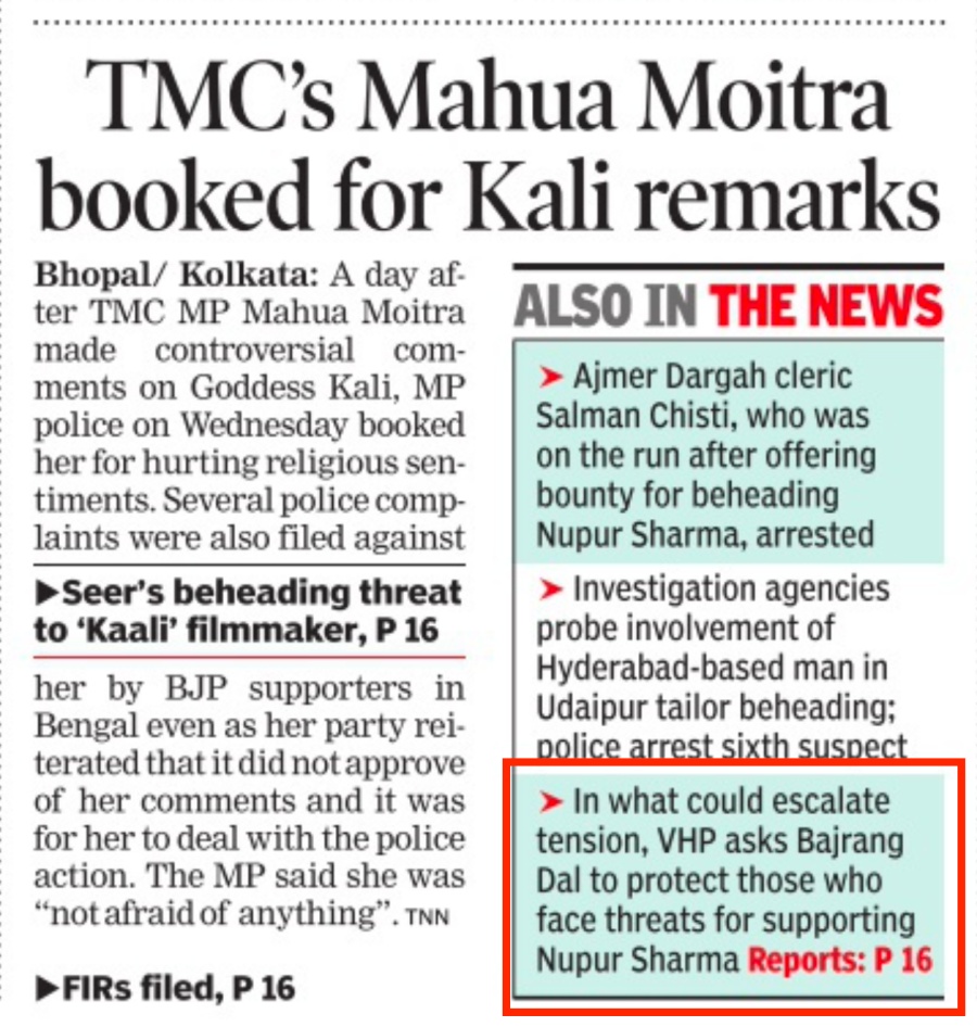 Times of India thinks VHP, Bajrang Dal, helping those who get death threats for supporting Nupur Sharma could 'escalate tension'