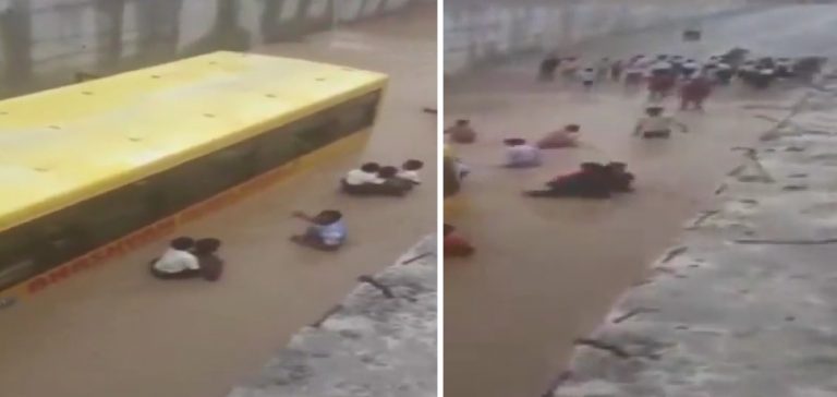 Telangana: School bus carrying 30 students submerges in a waterlogged underpass, locals rescue all kids safely