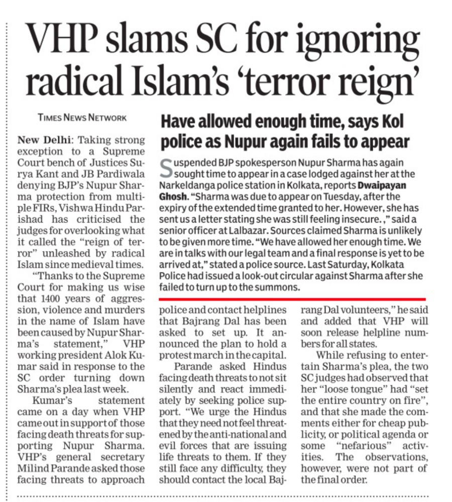 Times of India thinks VHP, Bajrang Dal, helping those who get death threats for supporting Nupur Sharma could 'escalate tension'