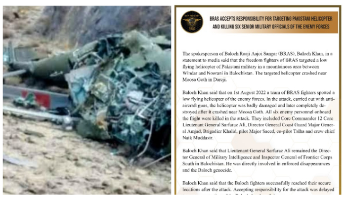 Baloch freedom fighters claim responsibility for Pakistan Army helicopter crash, say military is lying by calling it ‘accident due to bad weather’