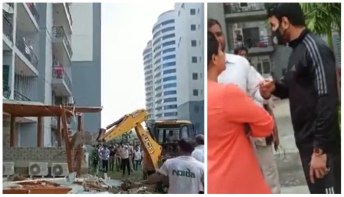 Noida residents chant ‘Yogi Zindabad’ as illegal properties of Shriknat Tyagi, who verbally abused a woman, is demolished, SHO suspended
