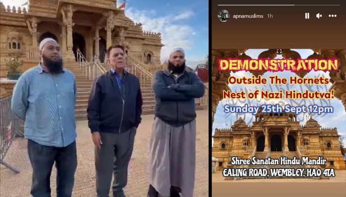 UK: Wembley Hindu temple’s Chairman gives a message of peace while surrounded by two Muslim men, hours after threats of violence by Islamists