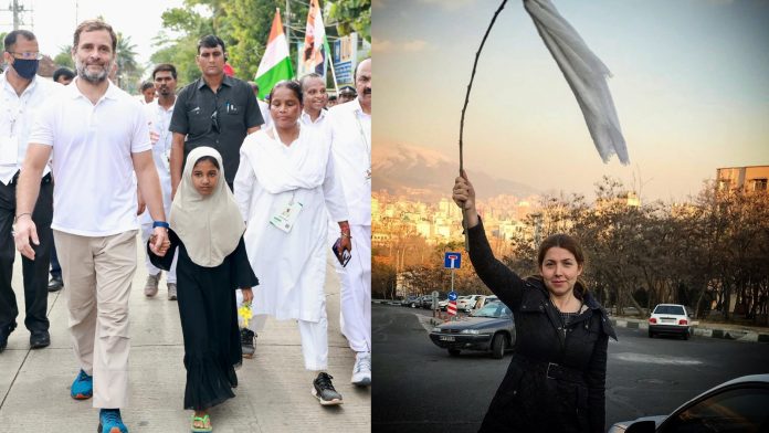 Amidst global protests against hijab, Rahul Gandhi ropes in minor hijabi girl in his container yatra