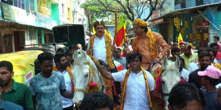 Congress MLA Zameer Ahmed Khan and others brandish swords during the celebration of Islamic tyrant Tipu Sultan’s Jayanti