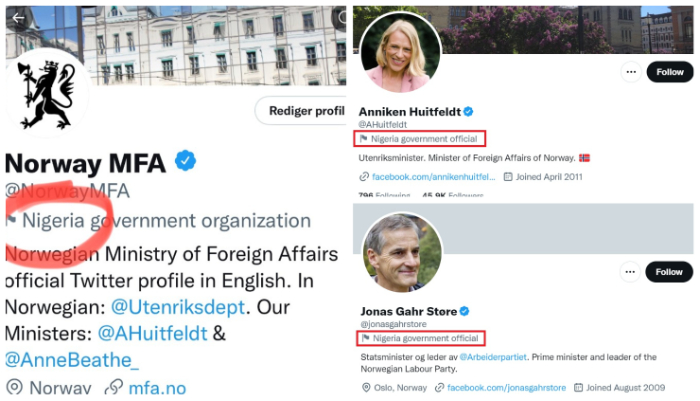 Norway’s government mocks Twitter for identifying them as a ‘Nigerian government organisation’