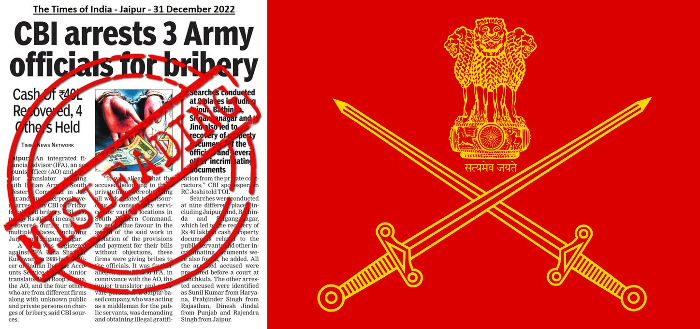 The Times of India shares misleading claims about the arrest of 3 army officials for bribery, gets fact-checked by the Army