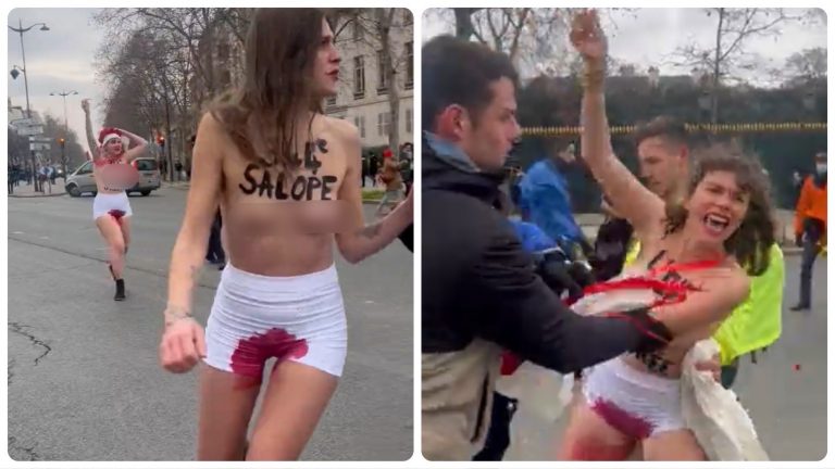 Watch: Topless female ‘activists’ wearing shorts soaked in red ink at the crotch disrupt the annual anti-abortion demonstrations in Paris