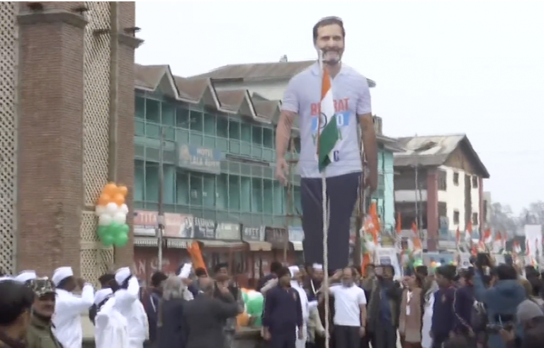 Rahul Gandhi unfurls Tricolour at Lal Chowk, Srinagar with his own cutout larger than the Tiranga, netizens say disgusting, disrespectful