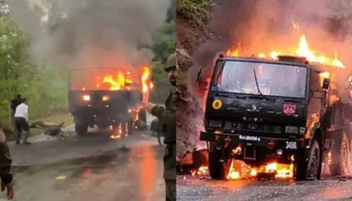 The army vehicle attacked by the unnamed terrorists.