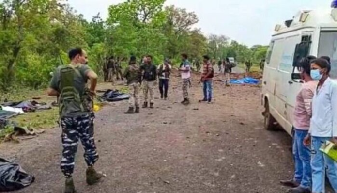 Security personnel at the scene after a Naxalite blast on April 26 in Chhattisgarh's Dantewada district claimed the lives of at least ten DRG jawans and a driver.