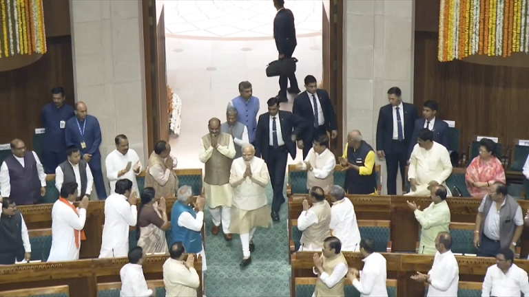 PM Modi receives a standing ovation amidst chants of “Modi” “Modi” as he walks into new Parliament building for second phase of inauguration ceremony