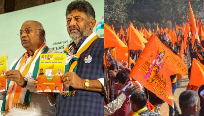 Congress releasing its manifesto for Karnataka assembly election (left), Bajrang Dal (right)